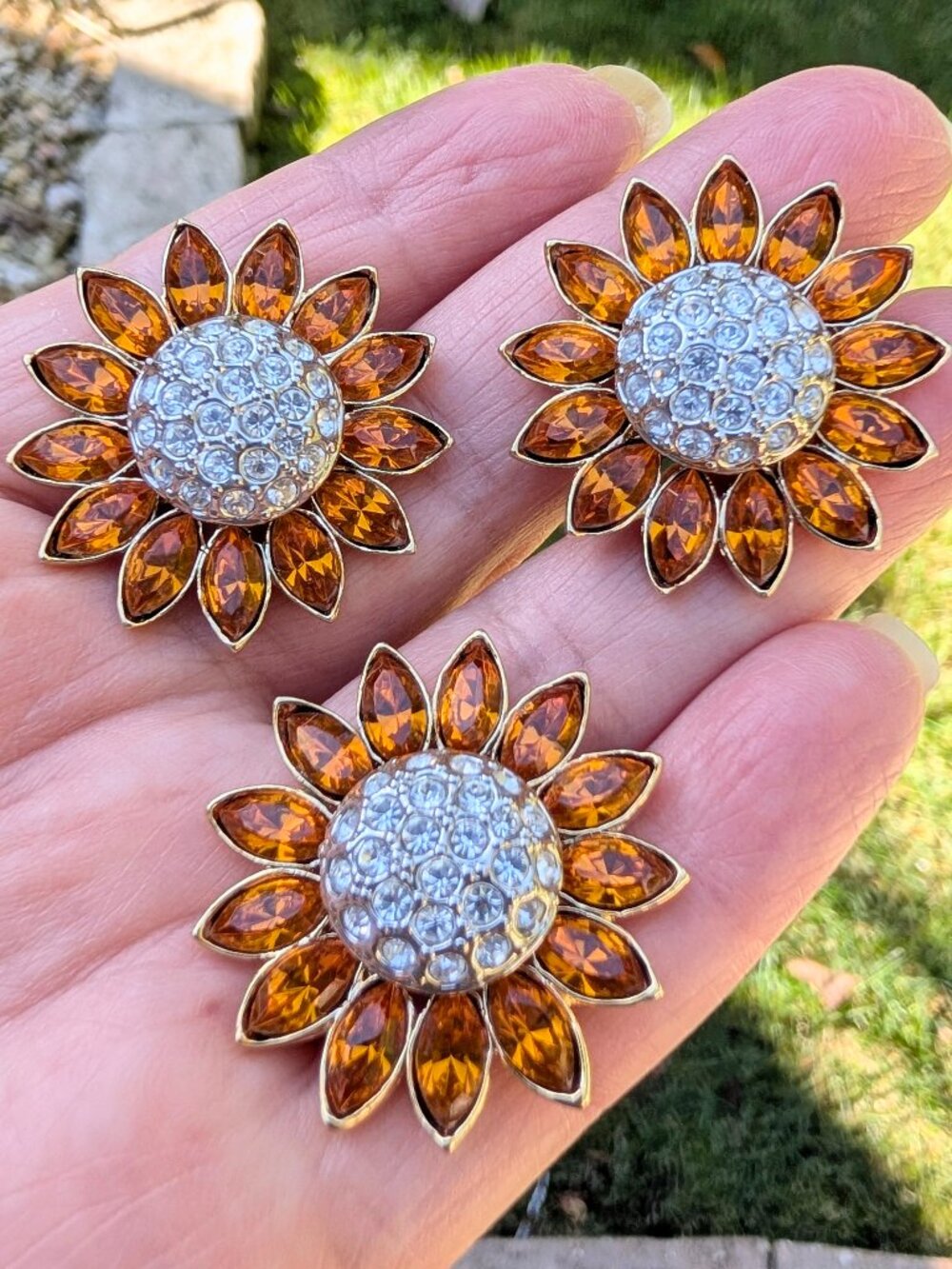 Vintage Sunflower Brooch Pin Amber & Crystal Rhinestones Autumn Gold Tone Pin